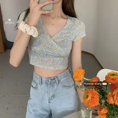Women Floral V-Neck Crop Top 2025 Summer