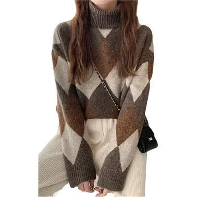 Women's Korean Style Diamond Turtleneck Sweater