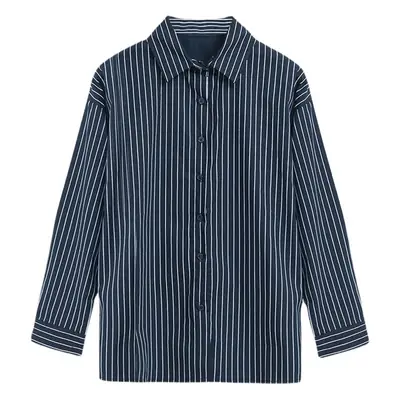 Women Blue Striped Long Sleeve Shirt Mid Length Loose Summer Wear
