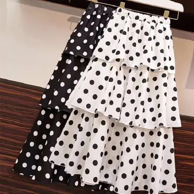 Women Chiffon Wave Dot Skirt White Black High Waist