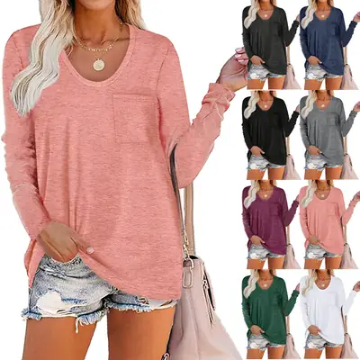 2022 Women Grey Long Sleeve T-Shirt with Striped Pocket