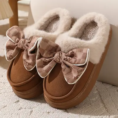 2024 new cotton slippers women's autumn and winter bow home room velvet warm non-slip thick-soled women's slippers