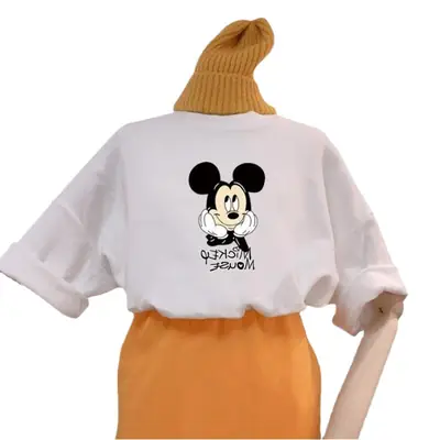 Women's Mickey Mouse Print Short Sleeve T-Shirt White Orange