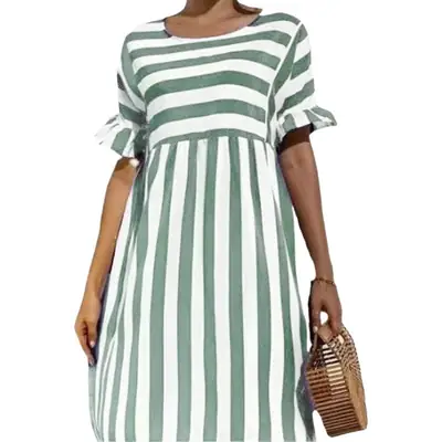 Women Striped Cotton Dress Yellow White Round Neck Loose Fit