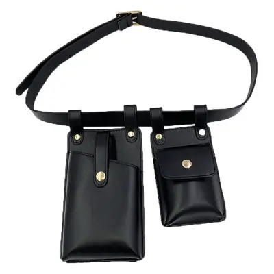 Women's Black Leather Waist Bag with 3 Pockets
