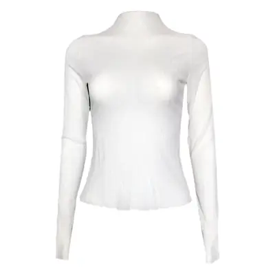 Women's Long Sleeve Mesh See Through T-Shirt White High Collar