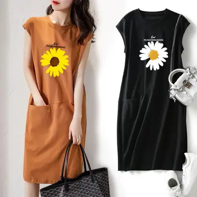 Women Loose Slimming T-shirt Dress Black Daisy Print Mid Length