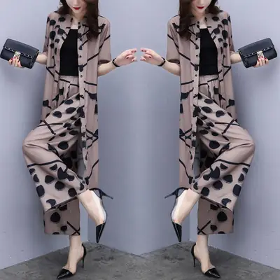 Women Korean Short Sleeve Cardigan Top Wide Leg Pants Set Large