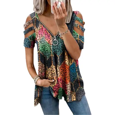 2021 Cross-Border Printed V Neck Zipper T-Shirt for Women