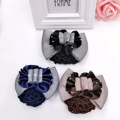 Black Striped Hair Net with Pearl Accents for Women