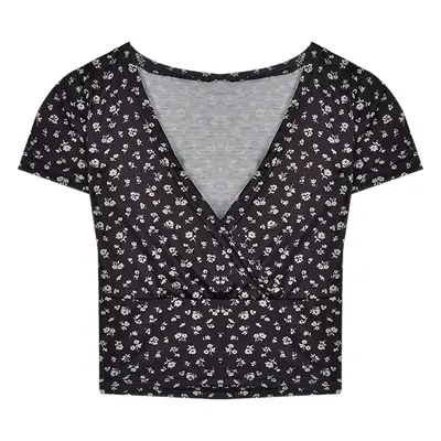 Women Floral Short Sleeve V-Neck T-Shirt Black
