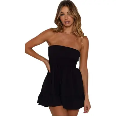 2025 Summer Strapless Elathe Dress Black Ruffled Hem