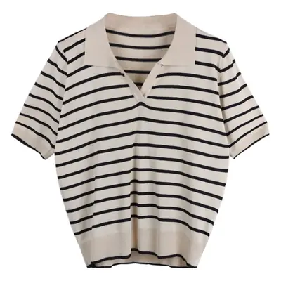 Women Lazy Stripes T-Shirt Summer 2025 V Neck Half Sleeve