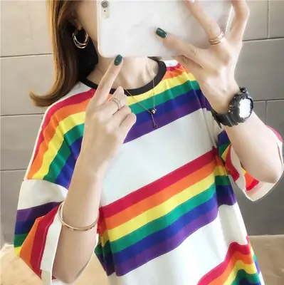 Rainbow Striped Women's T-Shirt Large Size Spring 2021