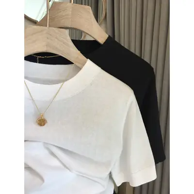 White Knitted Women's T-Shirt Short Sleeve Summer