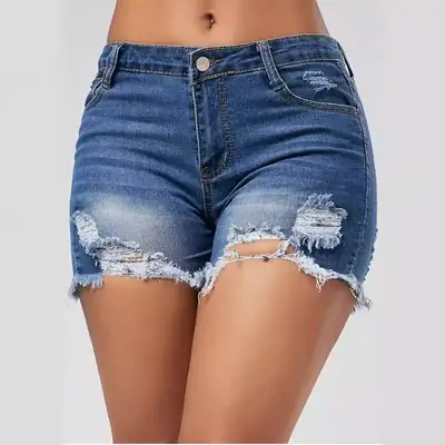 Ripped Fringe Denim Shorts for Women Blue