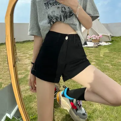 Women Denim Shorts High Waist Loose Fit Blue