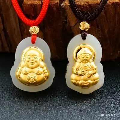 Jadeite Guanyin Buddha Pendant Gold White Live Streaming Dropshipping