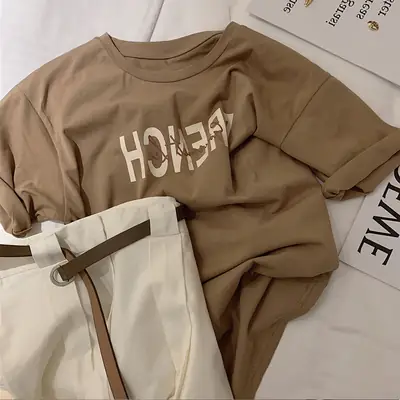 Women French Print Cotton T-Shirt White Loose Fit