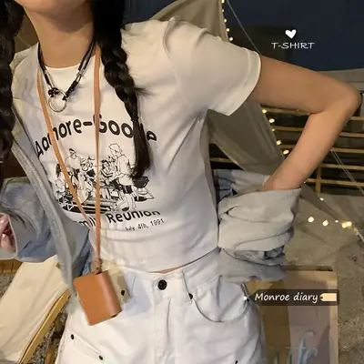 Women 2025 Summer Ins T-Shirt White Half Sleeve Slim Fit