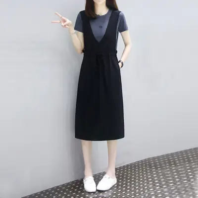 Black Fake Two-Piece Dress for Women Mid-Length Loose Slimming