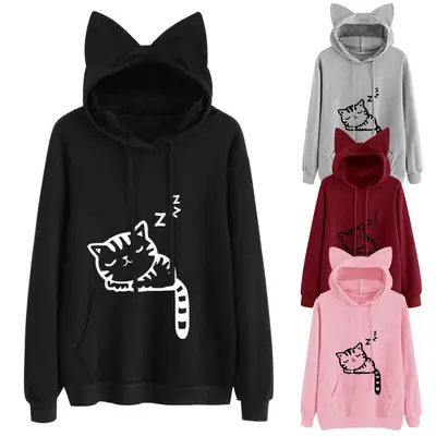 Gray Cat Hooded Sweatshirt Hot Selling Loose Fleece