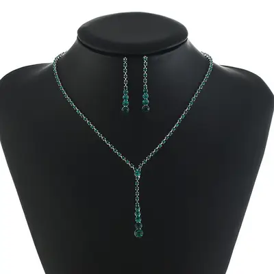 Japanese Korean Fashion Green Rhinestone Necklace Set for Women