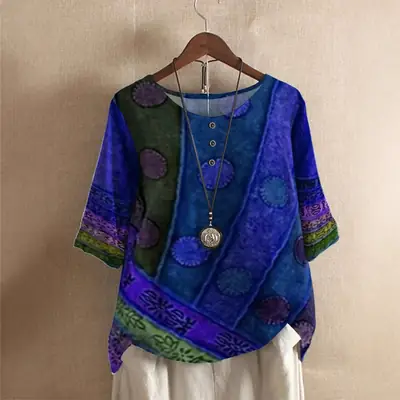 Women's Green Printed Loose Top with Embroidered Sleeves