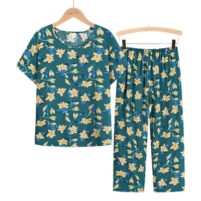 Middle-aged Women Cotton Silk 2-Piece Suit Teal Brown