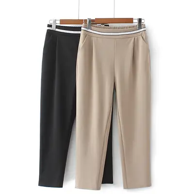 Women's Beige Elastic Cropped Pants Plus Size