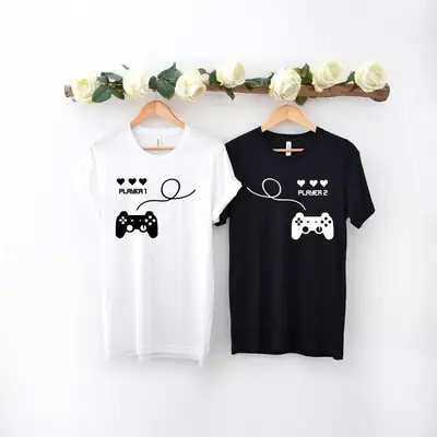 Player 1 Love Game Handle Couple T-Shirt Navy Blue