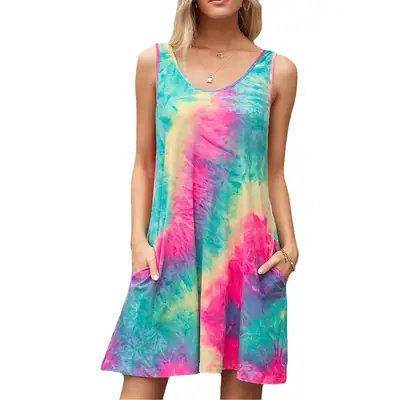 Tie-Dye Printed Sleeveless Vest Dress for Women