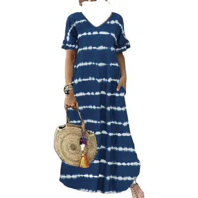 Purple Striped V-Neck Long Dress Large