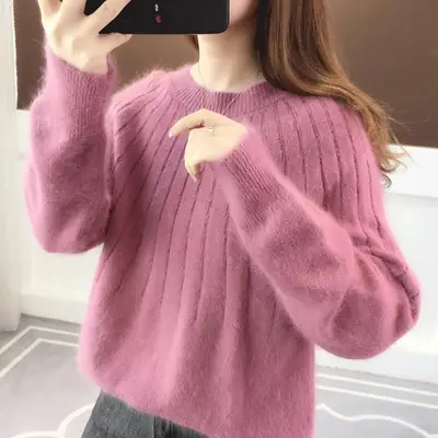 Women's Pink Lazy Pullover Sweater Round Neck 2021