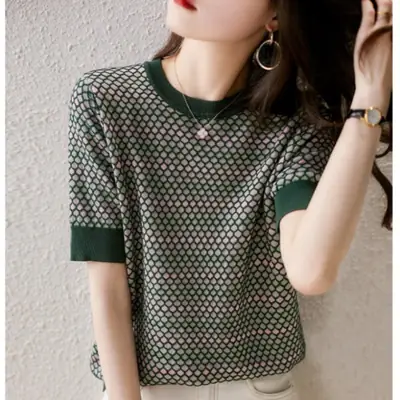2024 Summer Women's Knitted Plaid T-Shirt Top