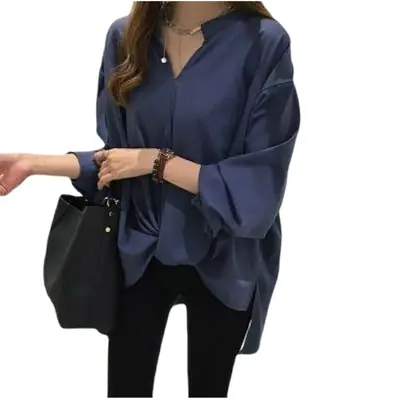 Women's Blue Chiffon Long Sleeve Shirt Large