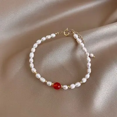 Pearl Beaded Bracelet with Red Crystal Drop