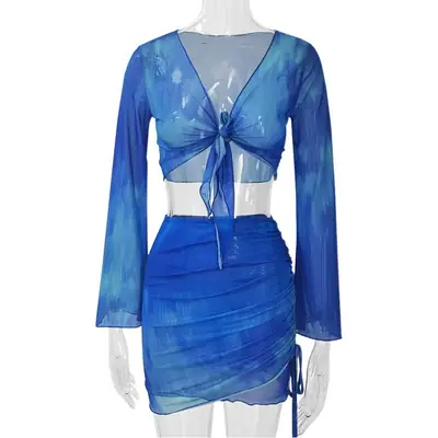 Blue Tie-Dye Mesh Top & Skirt Set for Hot Girls