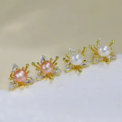 S925 Gold Pearl Butterfly Earrings Zircon Flower Design