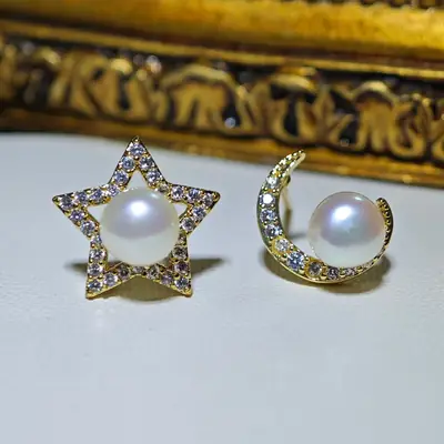 Zhuji Mountain Pearl Star Moon Earrings for Women S925 Silver
