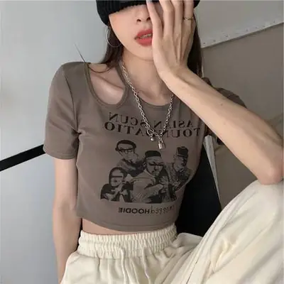 Women 2025 Hollow Out T-Shirt American Retro Slim Fit