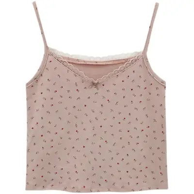 Women Japanese Style Lace Camisole Pink Floral Summer