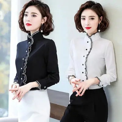 Women's Korean Style Ruffled Hem Shirt White Long Sleeve