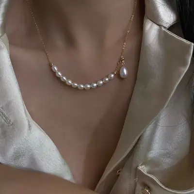 Natural Pearl Necklace for Girls, Adjustable Gold Chain, Light Luxury Gift