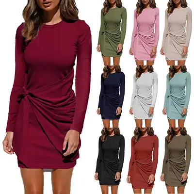 Women's Knotted Long Sleeve Dress Olive Green 2024