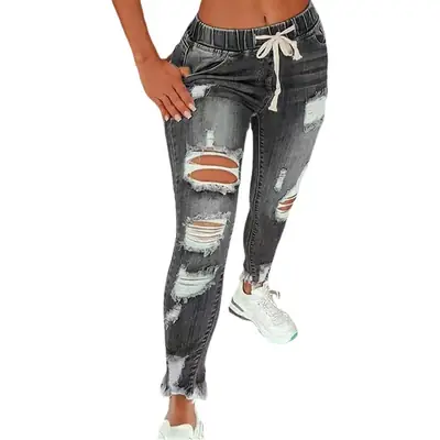 Women Hole Elastic Waist Drawstring Jeans