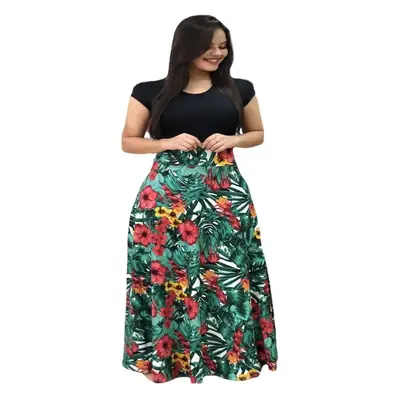 Women Floral Printed Skirt Set Green Red Large Size