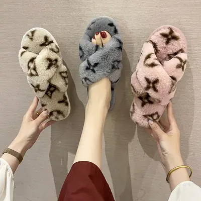 Cross-border New Imitation Rabbit Fur Cross Slippers Women's Home Warm Four-leaf Clover Mao Mao Flat Open Cotton Slippers for Foreign Trade