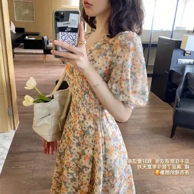 Women Floral Chiffon Dress Slim Fit Waist-Cinching Spring Summer