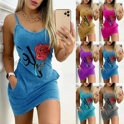 2022 Printed Slim Fit Hip Dress with Rose Design